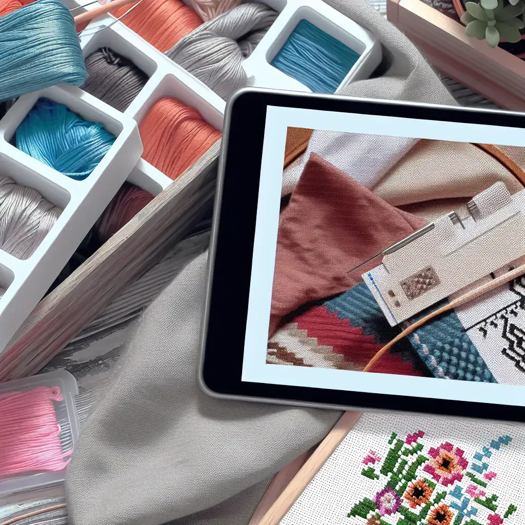 Сучасний процес вишивки хрестиком з використанням планшета та електронної схеми