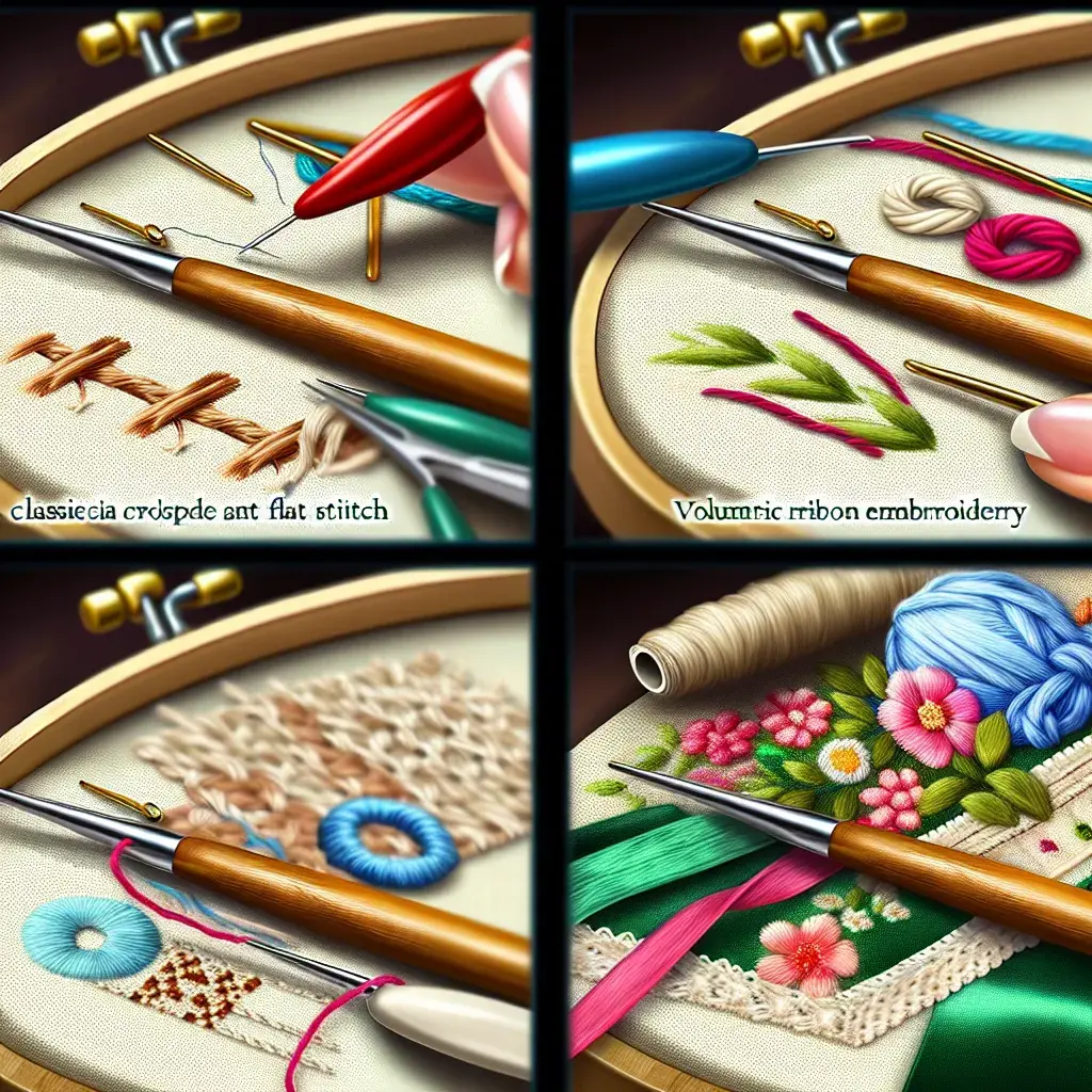 Колаж різних видів вишивання: хрестик, гладь, стрічки та бісер