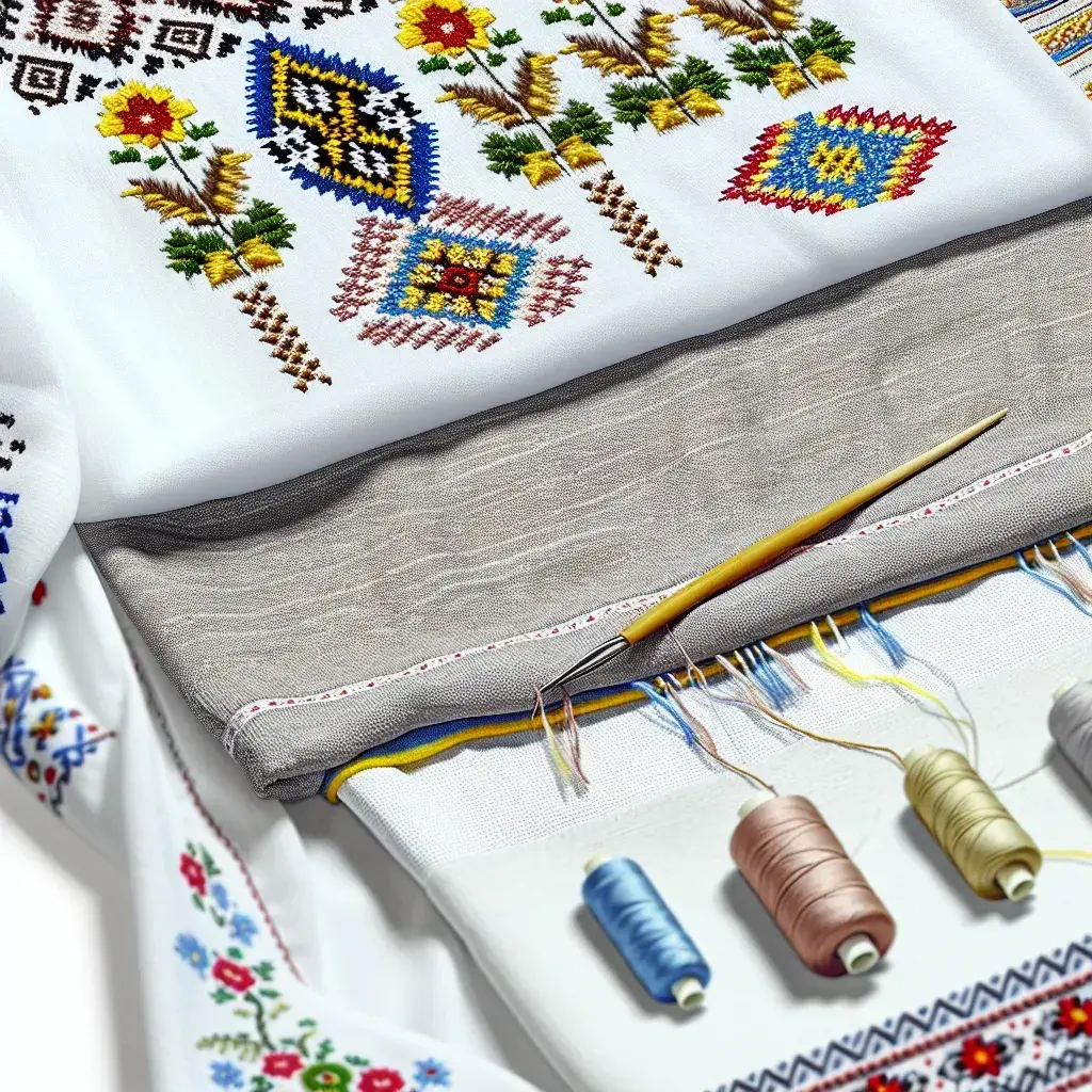 Процес створення жіночої вишиванки: тканина, нитки та схема на столі