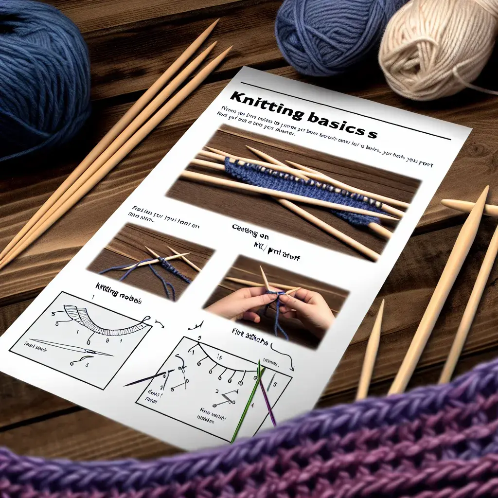 Набір для в'язання: спиці, пряжа меринос та ножиці на дерев'яному столі