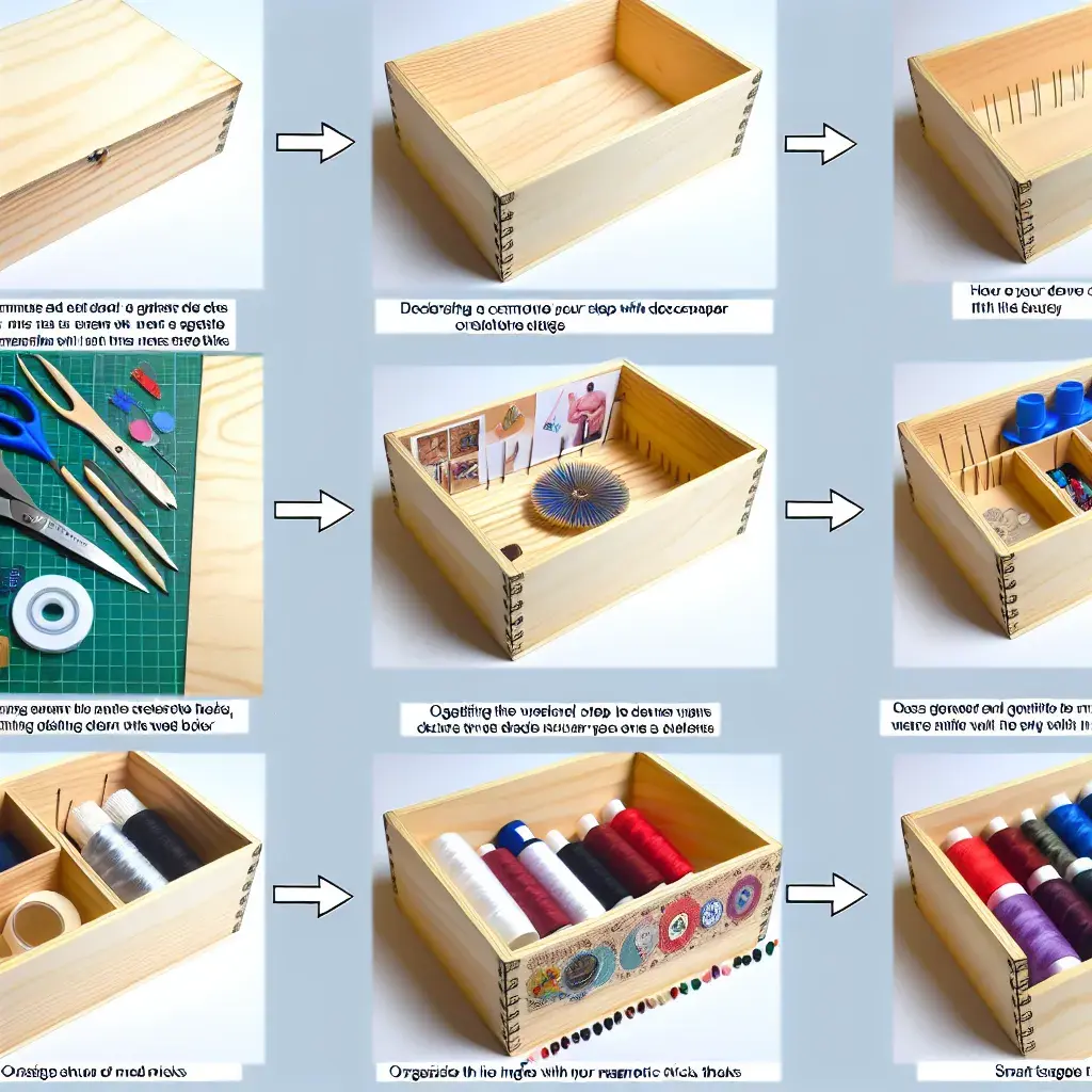 Відкрита дерев'яно скринька рукоділля з організованими нитками, бісером та ножицями