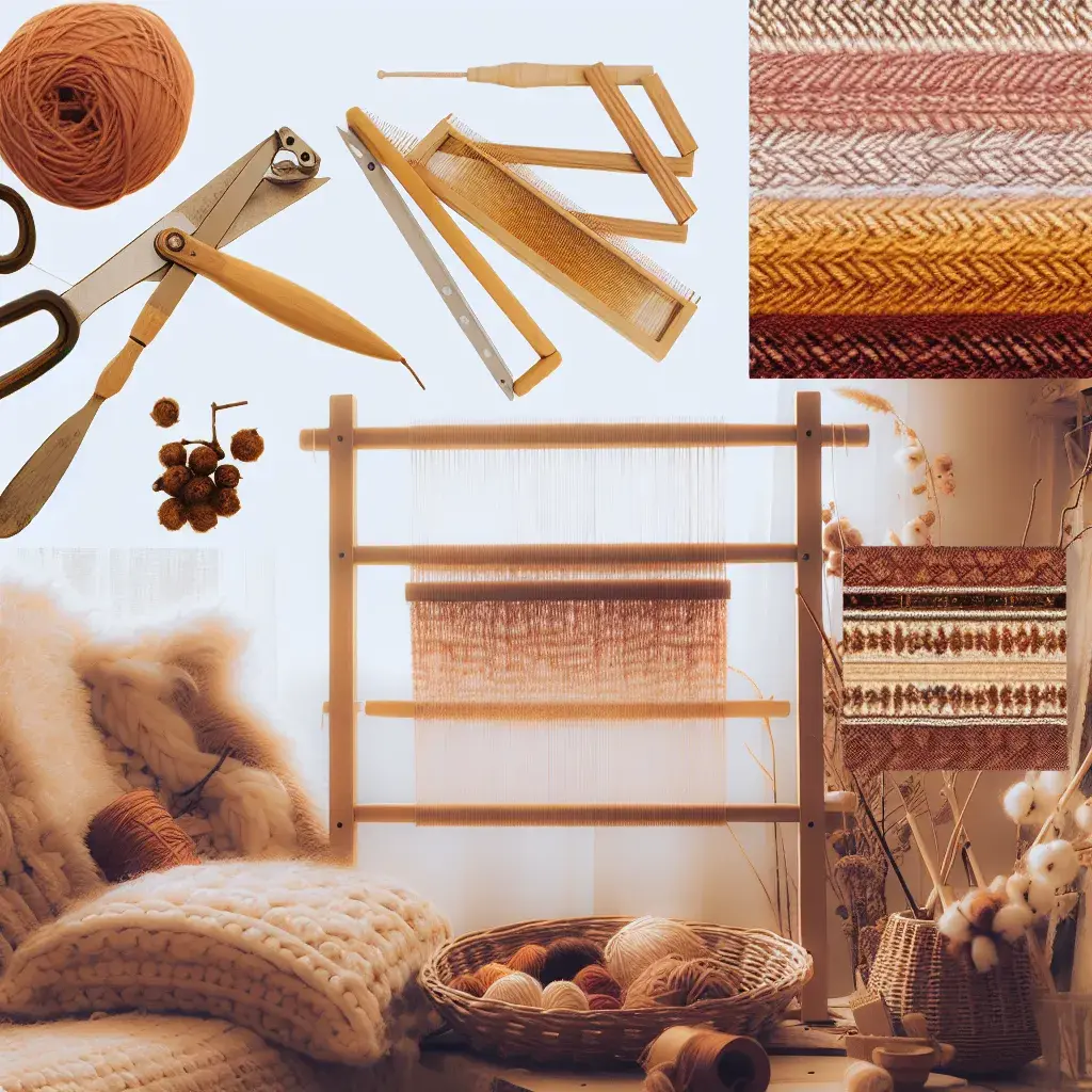 Дерев'яна ткацька рамка з частково витканим гобеленом та мотками пряжі