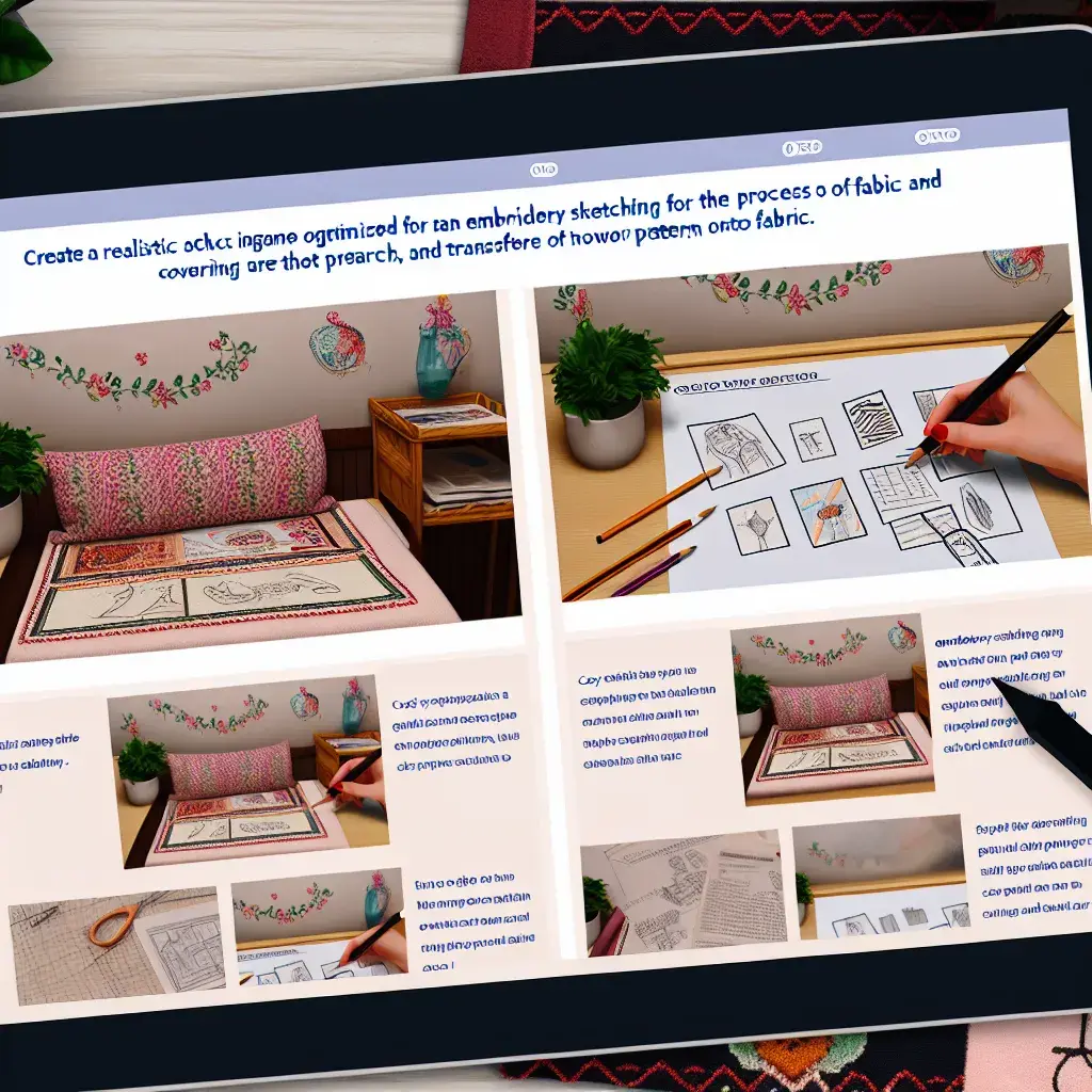 Робоче місце вишивальниці з ескізами та нитками муліне