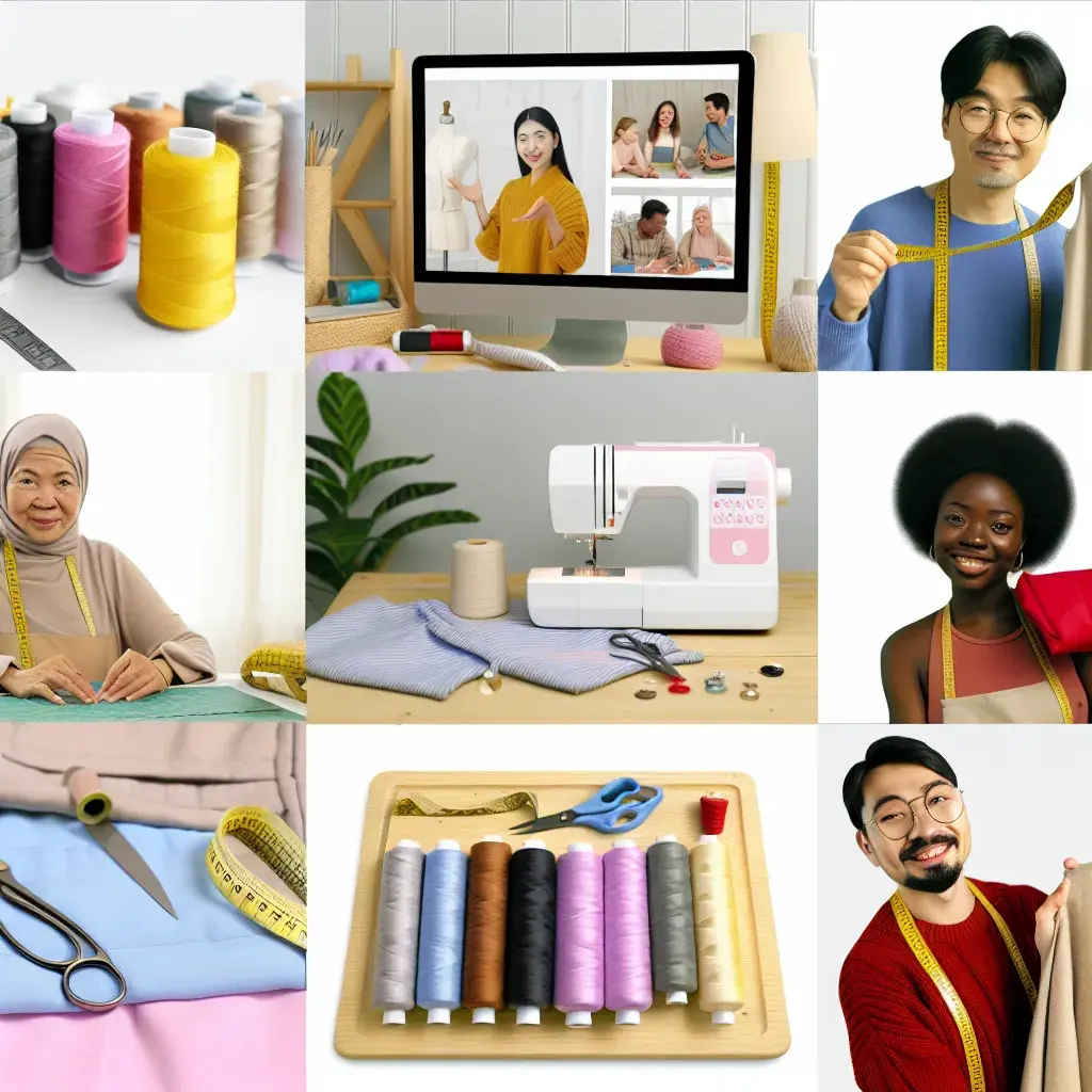 Затишне робоче місце для шиття з сучасною швейною машинкою, нитками та тканинами