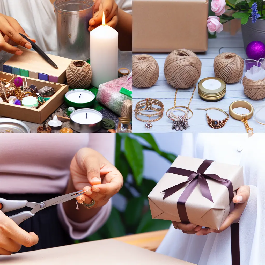 Колаж різноманітних подарунків, зроблених своїми руками: свічка, прикраси, розписана кружка, в'язана іграшка, домашнє печиво.