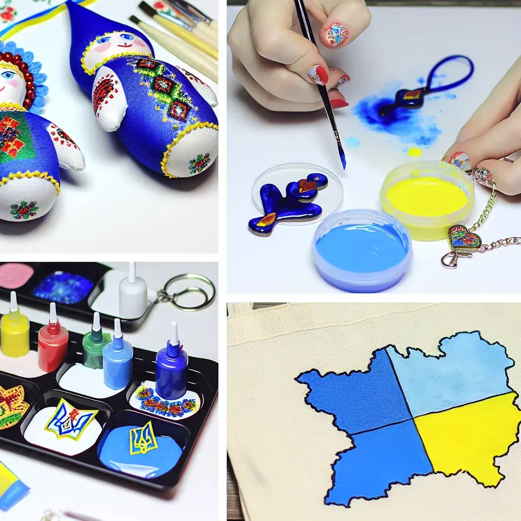 Композиція з українських патріотичних поробок: лялька-мотанка, екосумка та вироби зі смоли на дерев'яному столі