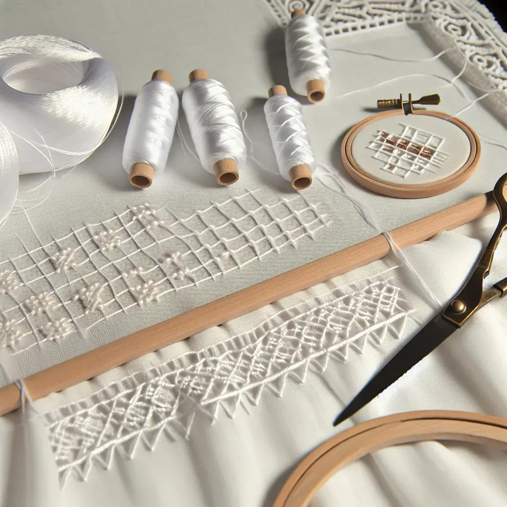 Макрофотографія решетилівської вишивки білим по білому на льняній тканині