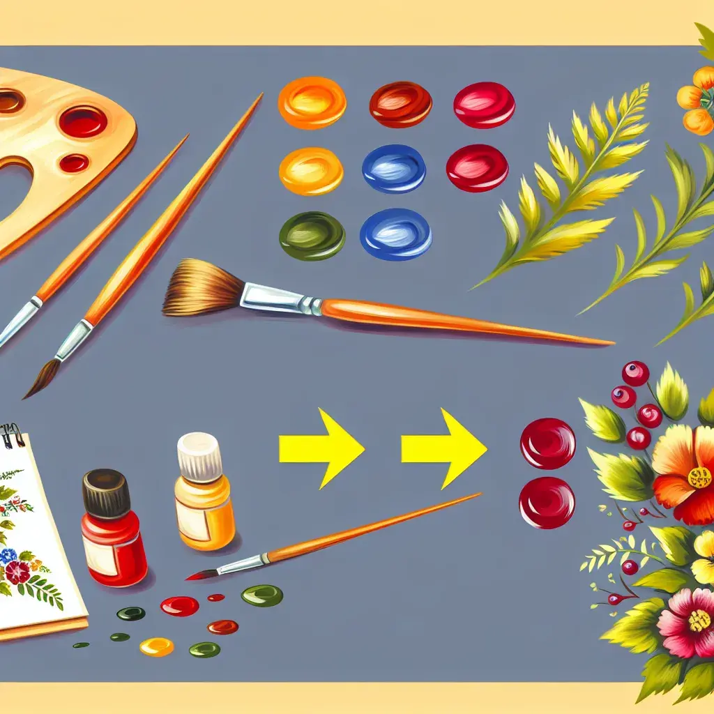 Матеріали та інструменти для петриківського розпису: фарби, палітра та пензлі