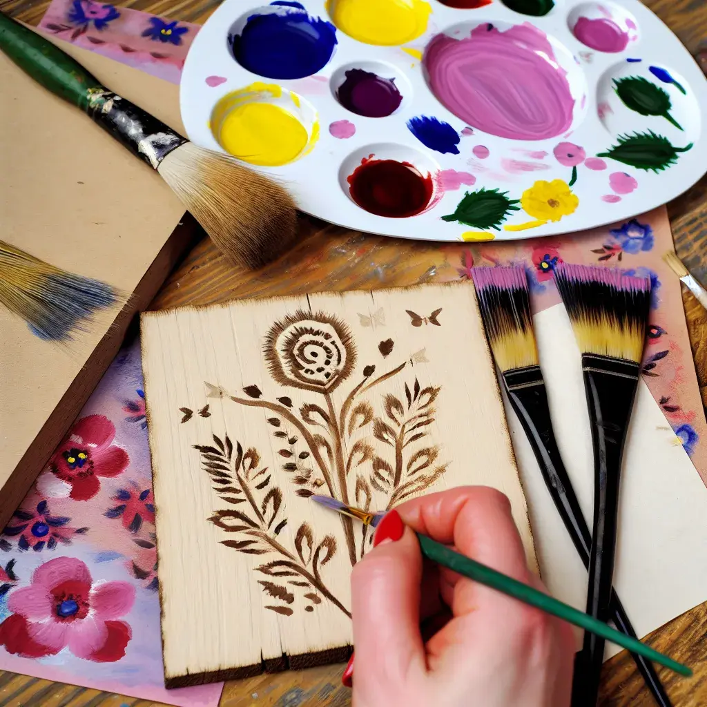 Матеріали та інструменти для петриківського розпису: фарби, пензлі та шаблони