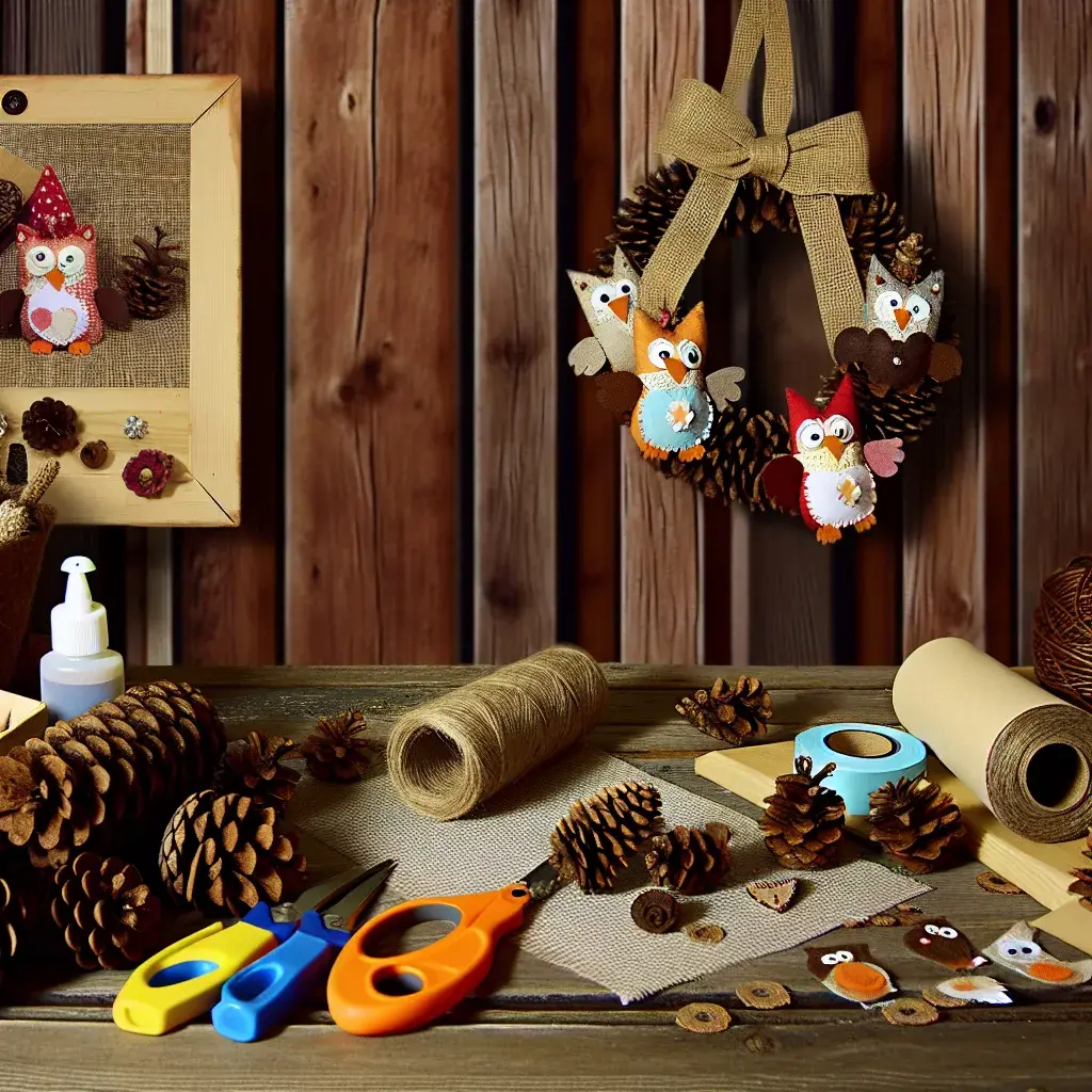 Матеріали та інструменти для створення поробок з шишок на дерев'яному столі