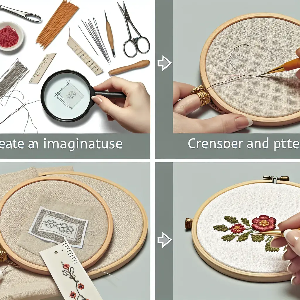 Інструменти для міні вишивки: маленькі п'яльця, нитки муліне та лупа