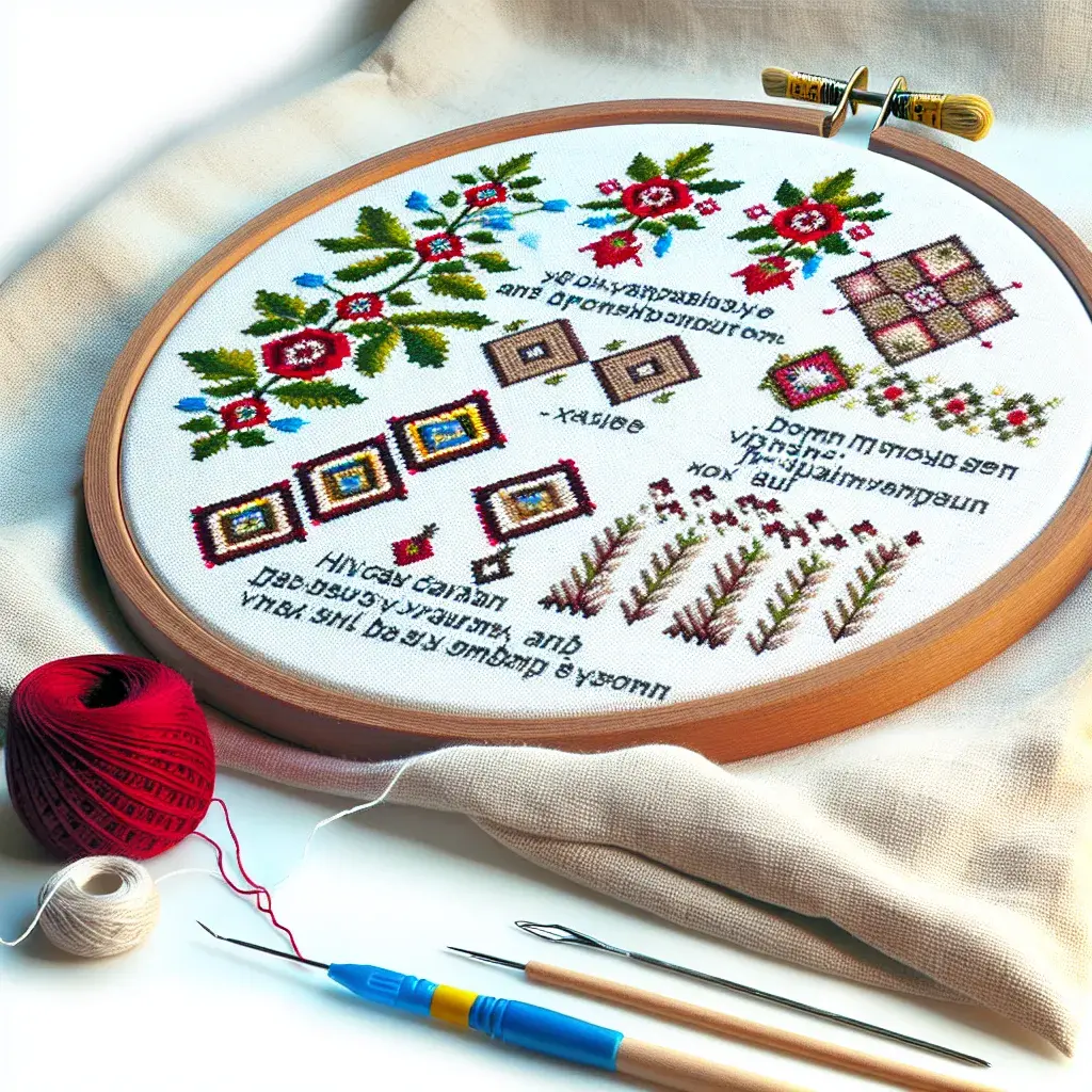 Процес створення геометричного орнаменту вишивки червоними та чорними нитками на дерев'яних п'яльцях