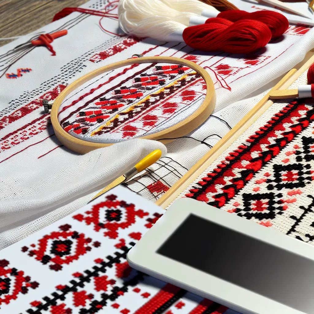 Паперова схема вишиванки з червоно-чорним орнаментом та інструменти для рукоділля