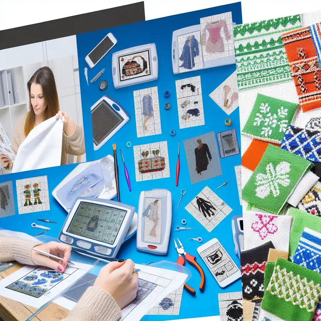 Сучасне робоче місце вишивальниці з планшетом та схемою