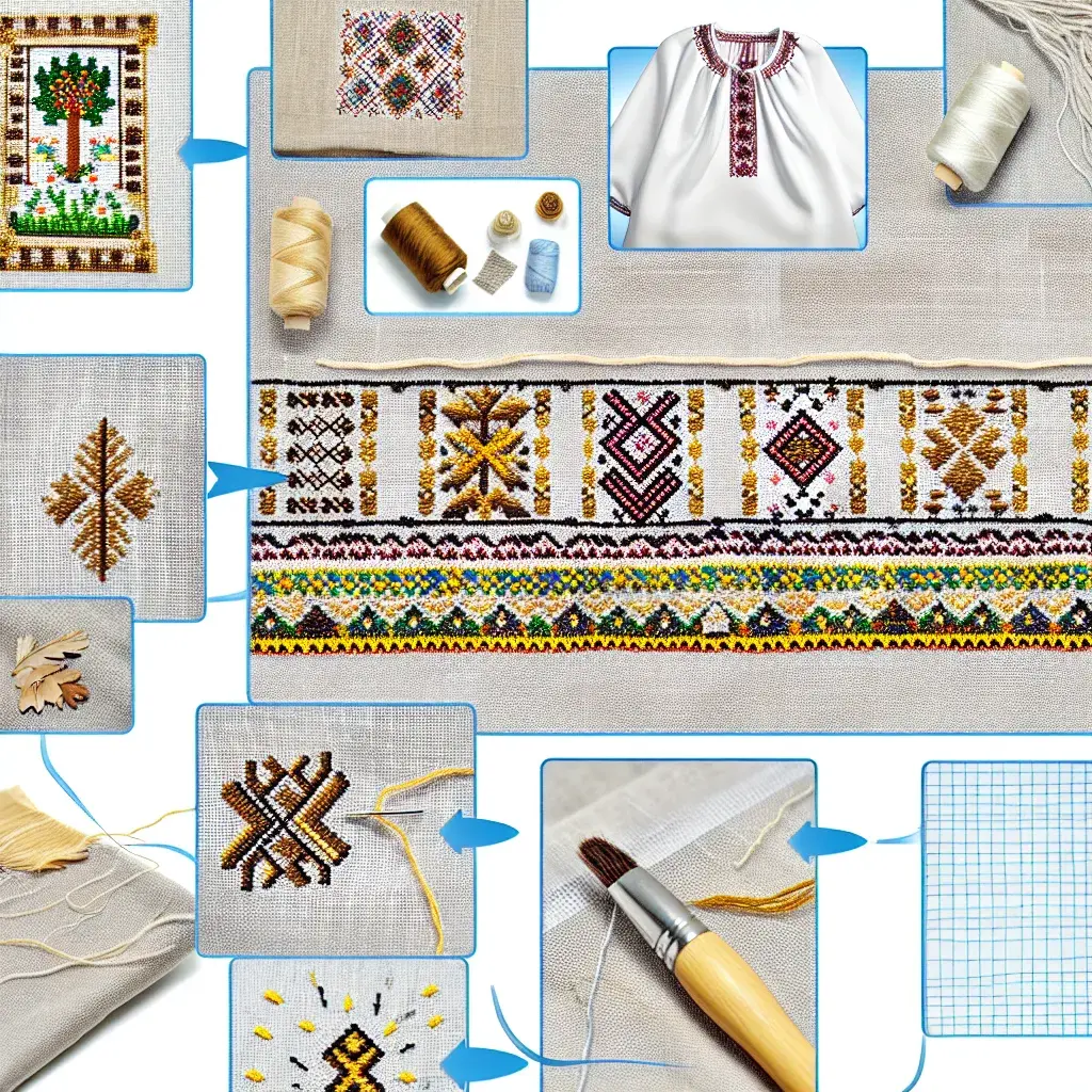 Традиційна українська вишивка хрестиком на чоловічій сорочці, геометричний орнамент