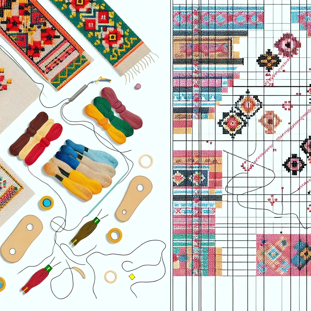 Схеми вишивки хрестиком вишиванки на столі з нитками та п'яльцями