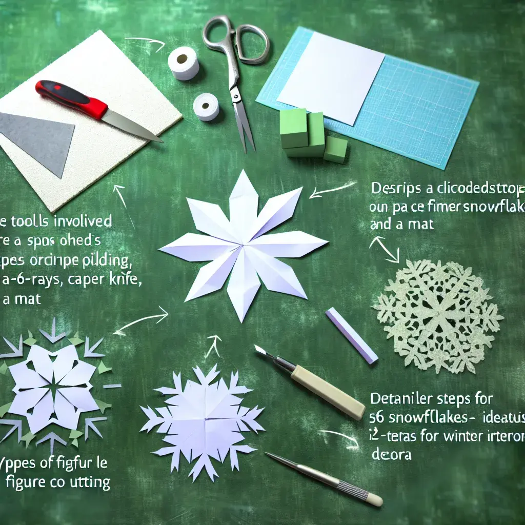 Інструменти для створення витинанок сніжинок: макетний ніж, ножиці та килимок для різання