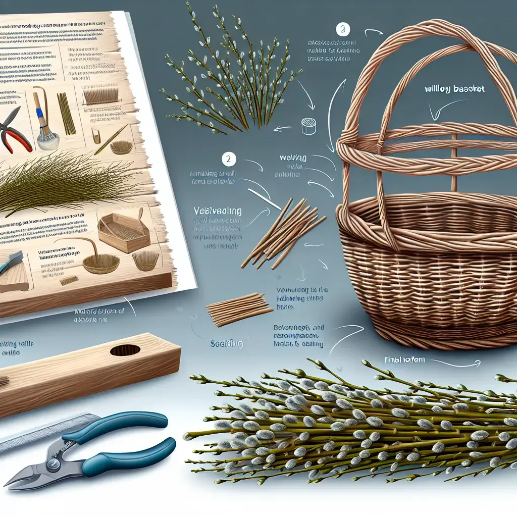 Інструменти та матеріали для лозоплетіння: вербова лоза, секатор, шило та пульверизатор на дерев'яному столі.